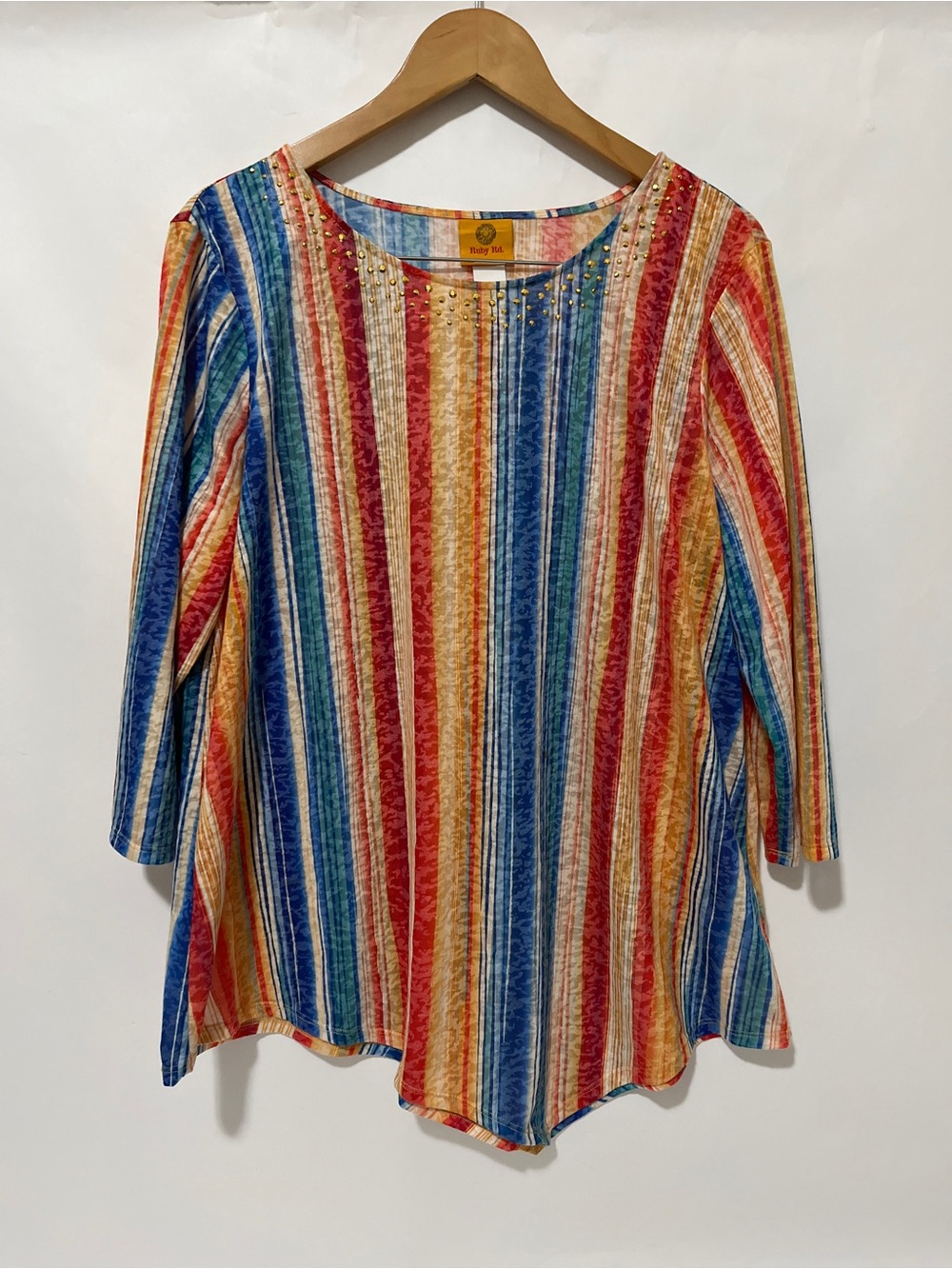 Ruby Rd. Multicolor Vertical Stripe Tunic with Stud Accents Asymmetric Hem